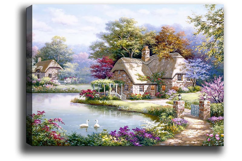 Lerretsbilde 70x100 cm - Idyllisk landskapsmaleri med pittoreske hytter ved en innsjø omgitt av blomstrende trær og busker - Grønn / Rosa / Blå - Innredning - Bilder & kunst - Lerretsbilder