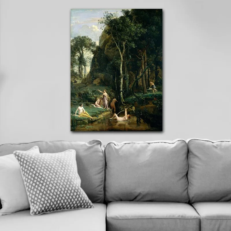 Lerretsbilde 70x100 cm - Idyllisk scene med nakne figurer som samhandler ved et vann i et frodig naturmiljø - Mørk grønn / Lys grønn / Beige - Innredning - Bilder & kunst - Lerretsbilder