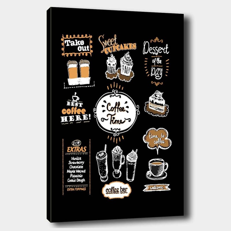 Lerretsbilde 70x100 cm - Innbydende kaffetema-bilde som fremhever ulike kaffedrikker og bakverk, Hvit / Oransje / Svart