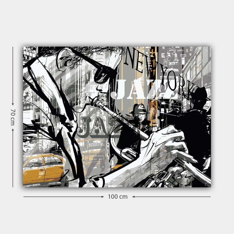Lerretsbilde 70x100 cm - Jazzmusiker som spiller trompet i et pulserende bybilde i New York - Svart / Grå / Gul - Innredning - Bilder & kunst - Lerretsbilder