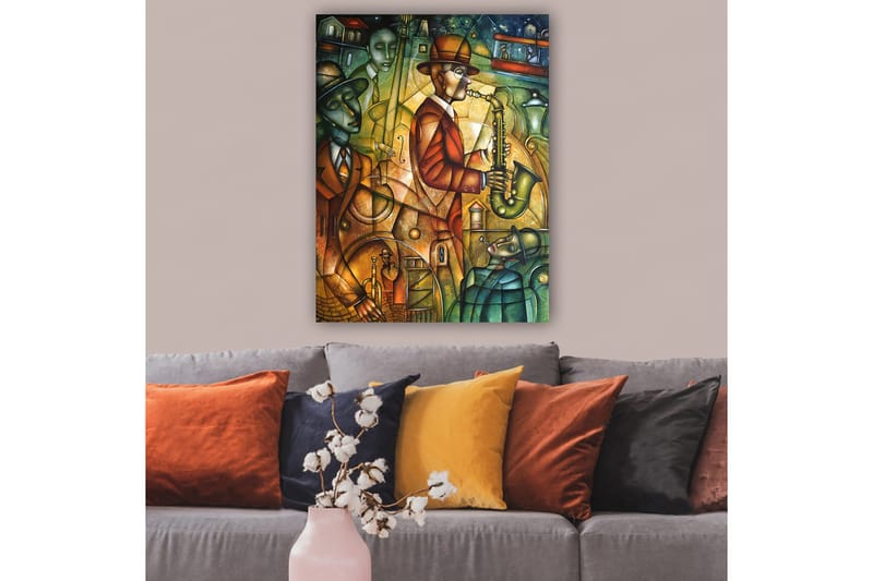 Lerretsbilde 70x100 cm - Jazzmusiker spiller saksofon omgitt av andre musikere i en livlig atmosfære - Grønn / Oransje / Brun - Innredning - Bilder & kunst - Lerretsbilder