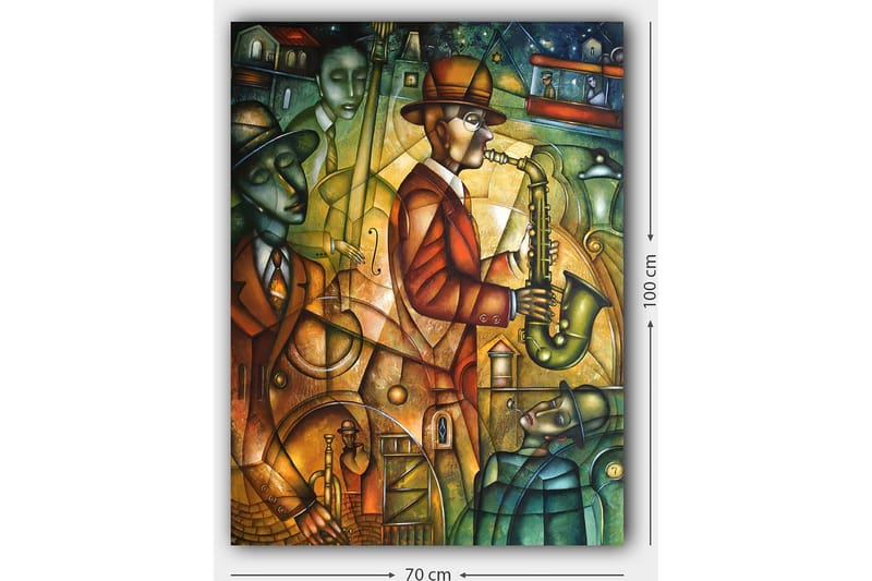Lerretsbilde 70x100 cm - Jazzmusiker spiller saksofon omgitt av andre musikere i en livlig atmosfære - Grønn / Oransje / Brun - Innredning - Bilder & kunst - Lerretsbilder
