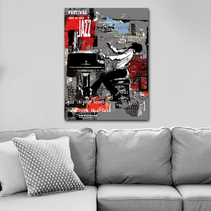 Lerretsbilde 70x100 cm - Jazzmusiker spiller piano med stor lidenskap og energi - Rød / Svart / Grå - Innredning - Bilder & kunst - Lerretsbilder
