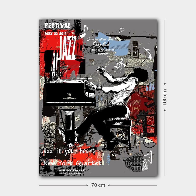 Lerretsbilde 70x100 cm - Jazzmusiker spiller piano med stor lidenskap og energi - Rød / Svart / Grå - Innredning - Bilder & kunst - Lerretsbilder