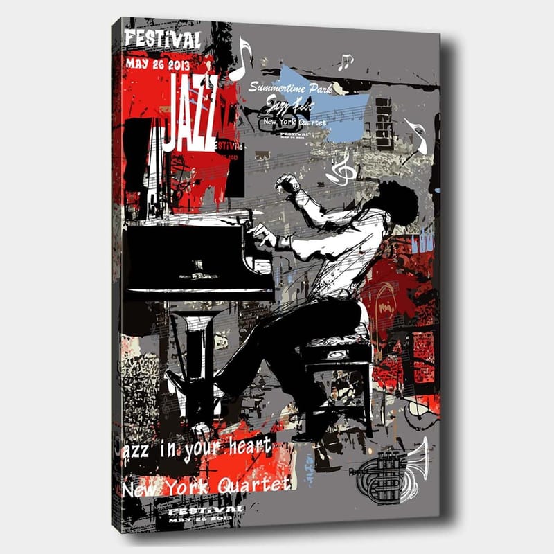 Lerretsbilde 70x100 cm - Jazzmusiker spiller piano med stor lidenskap og energi, Rød / Svart / Grå