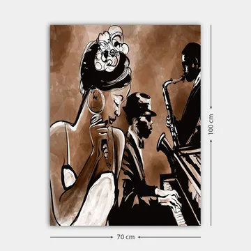 Lerretsbilde 70x100 cm - Jazzsanger fremfører en sang med musikere i bakgrunnen - Brun / Svart / Hvit - Innredning - Bilder & kunst - Lerretsbilder