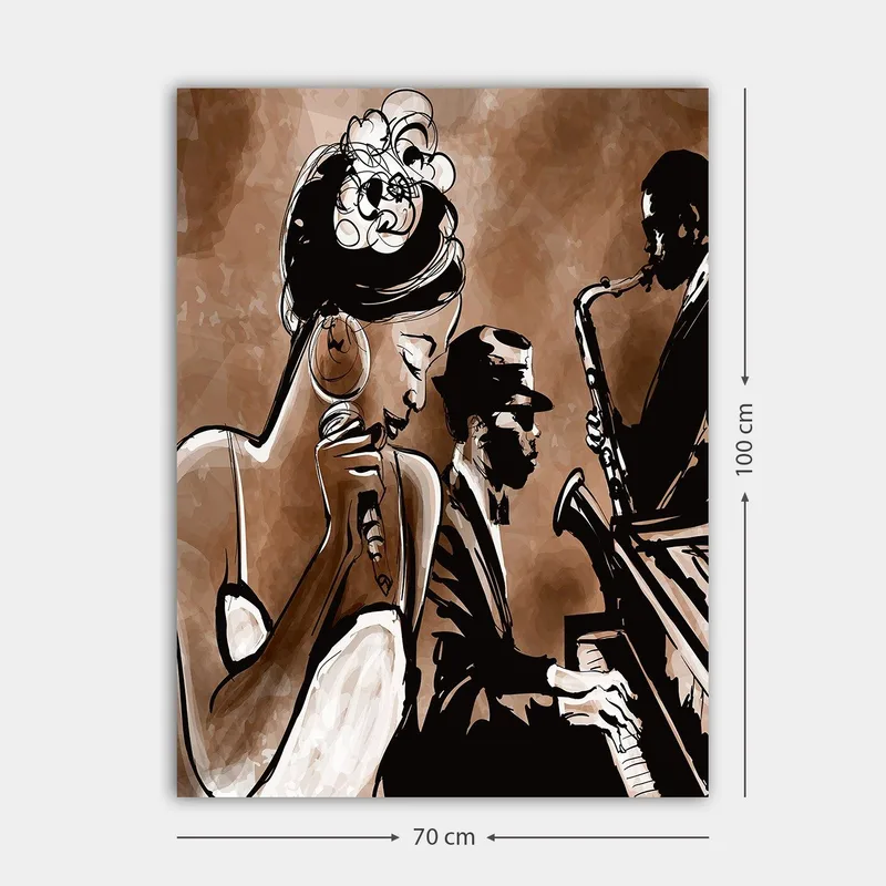 Lerretsbilde 70x100 cm - Jazzsanger fremfører en sang med musikere i bakgrunnen - Brun / Svart / Hvit - Innredning - Bilder & kunst - Lerretsbilder