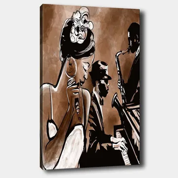 Lerretsbilde 70x100 cm - Jazzsanger fremfører en sang med musikere i bakgrunnen - Brun / Svart / Hvit - Innredning - Bilder & kunst - Lerretsbilder
