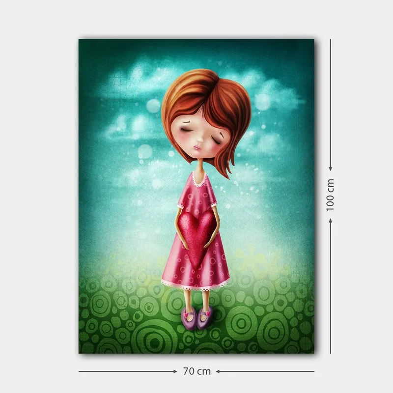 Lerretsbilde 70x100 cm - Jente som holder et stort rødt hjerte foran seg, iført en rosa kjole - Rosa / Rød / Grønn - Innredning - Bilder & kunst - Lerretsbilder