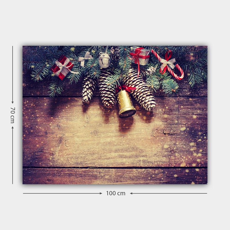 Lerretsbilde 70x100 cm - Juledekorasjon med grangrener, kongler og gaver - Grønn / Brun / Rød - Innredning - Bilder & kunst - Lerretsbilder