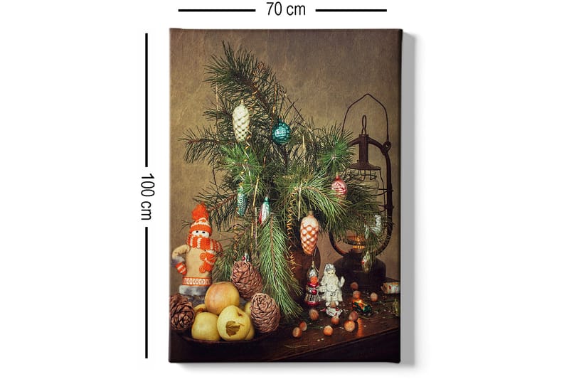Lerretsbilde 70x100 cm - Juledekorasjon med grantre, dekorasjoner og frukt - Grønn / Rød / Beige - Innredning - Bilder & kunst - Lerretsbilder