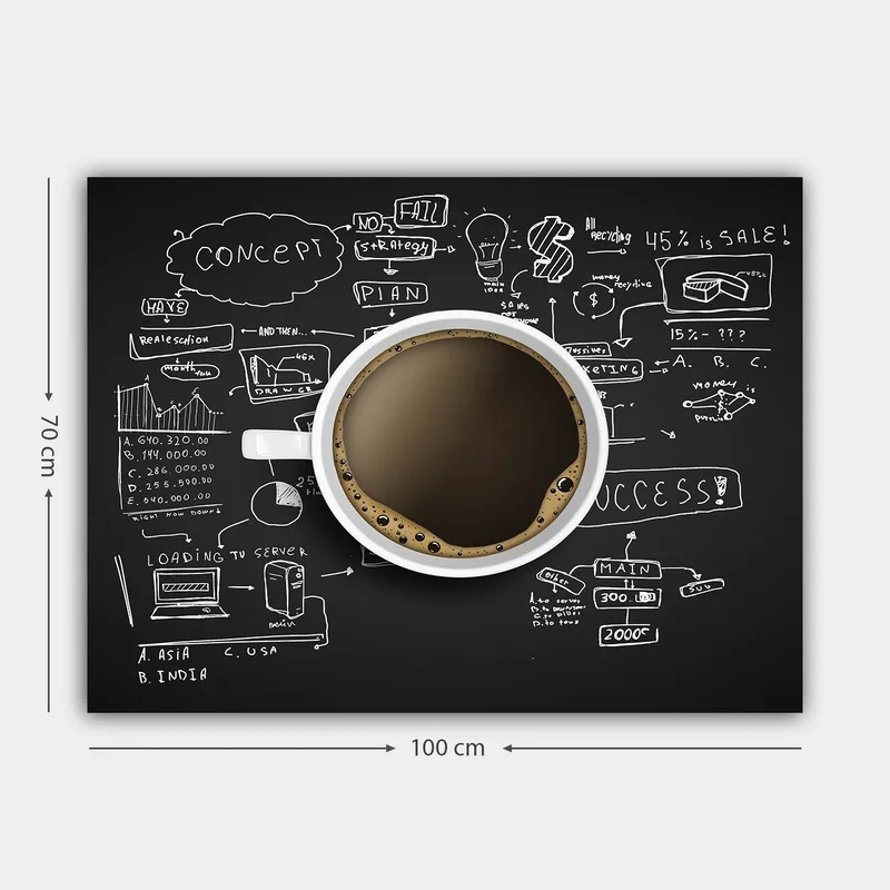 Lerretsbilde 70x100 cm - Kaffekopp med svart kaffe omgitt av håndskrevne notater og diagrammer som symboliserer forretningsstrategi og kreativitet - Svart / Brun / Hvit - Innredning - Bilder & kunst - Lerretsbilder