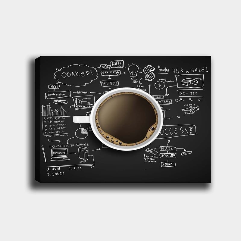 Lerretsbilde 70x100 cm - Kaffekopp med svart kaffe omgitt av håndskrevne notater og diagrammer som symboliserer forretningsstrategi og kreativitet, Svart / Brun / Hvit