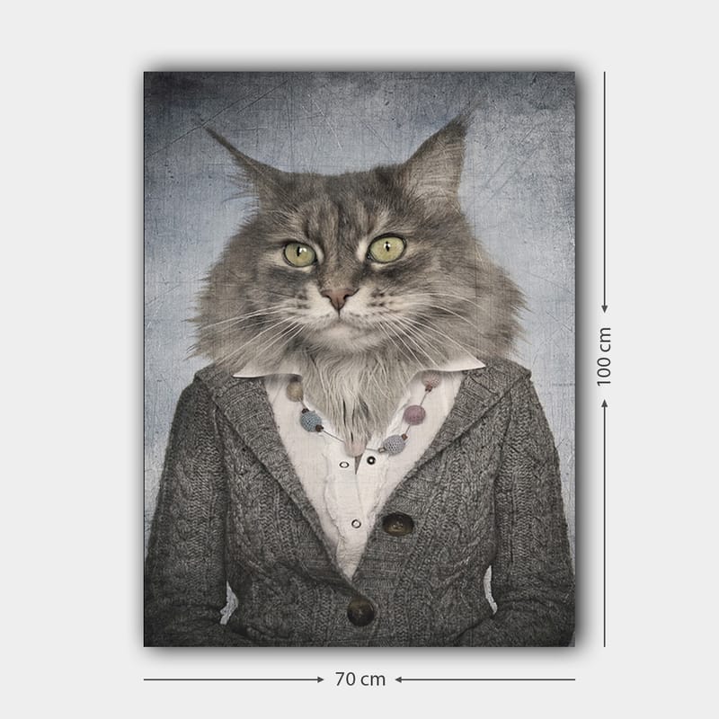 Lerretsbilde 70x100 cm - Katt med menneskelige trekk iført grå jakke og hvit skjorte - Grå / Hvit / Beige - Innredning - Bilder & kunst - Lerretsbilder