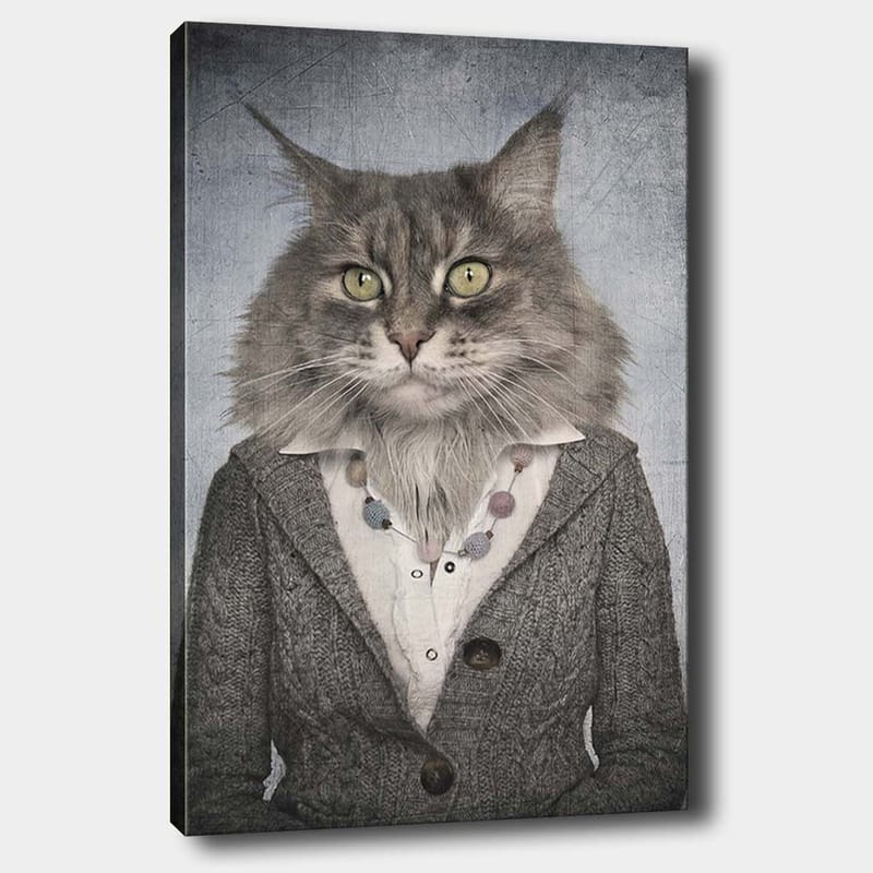 Lerretsbilde 70x100 cm - Katt med menneskelige trekk iført grå jakke og hvit skjorte, Grå / Hvit / Beige