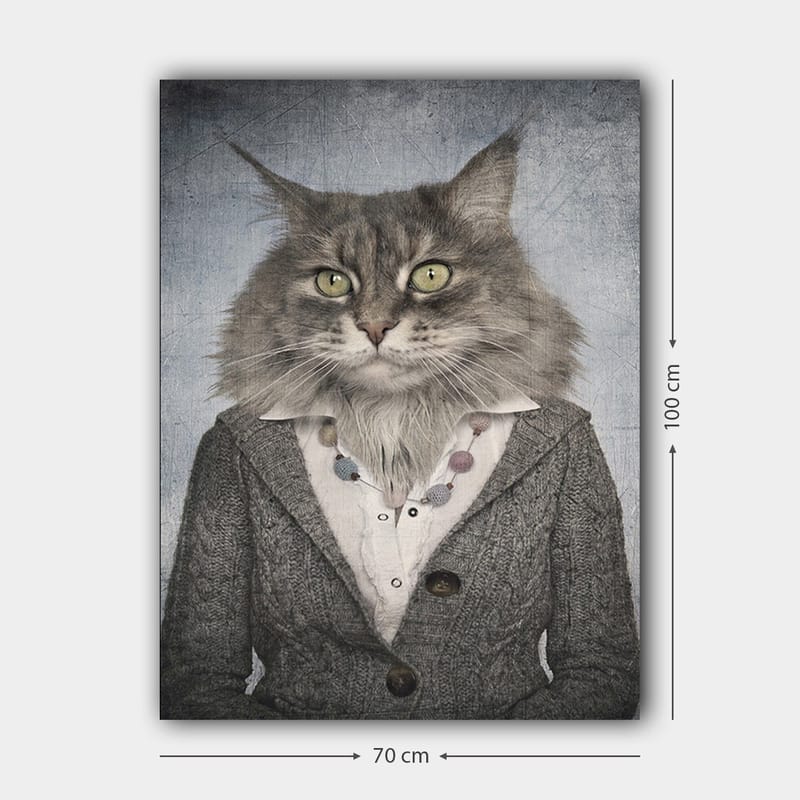 Lerretsbilde 70x100 cm - Katt med menneskelige trekk iført grå jakke og hvit skjorte - Grå / Hvit / Beige - Innredning - Bilder & kunst - Lerretsbilder