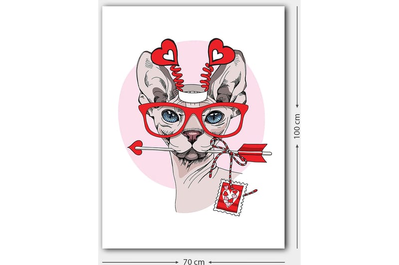 Lerretsbilde 70x100 cm - Katt med store briller og hjerteformede detaljer, holder en pil i munnen - Rød / Rosa / Grå - Innredning - Bilder & kunst - Lerretsbilder