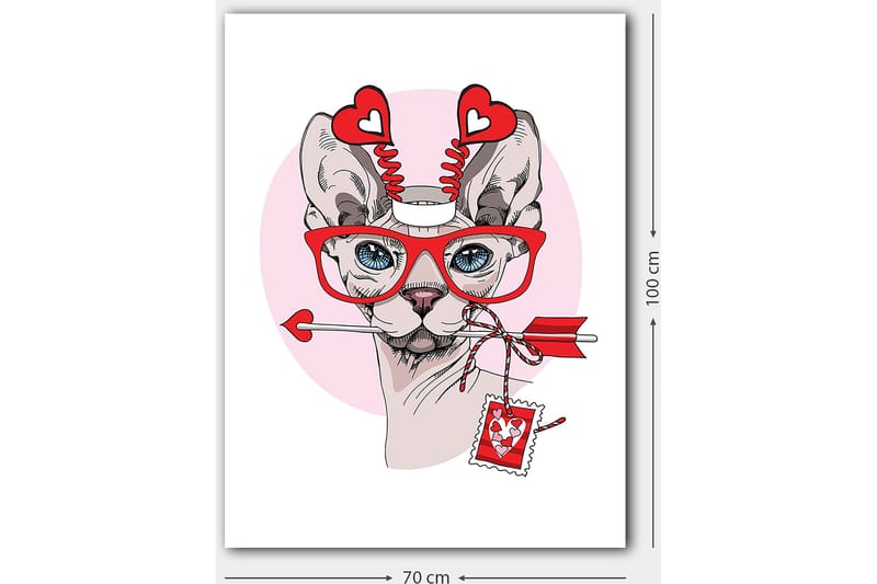 Lerretsbilde 70x100 cm - Katt med store briller og hjerteformede detaljer, holder en pil i munnen - Rød / Rosa / Grå - Innredning - Bilder & kunst - Lerretsbilder