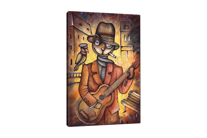 Lerretsbilde 70x100 cm - Kattekledd musiker spiller gitar med en fugl på skulderen i et urbant miljø, Brun / Oransje / Beige