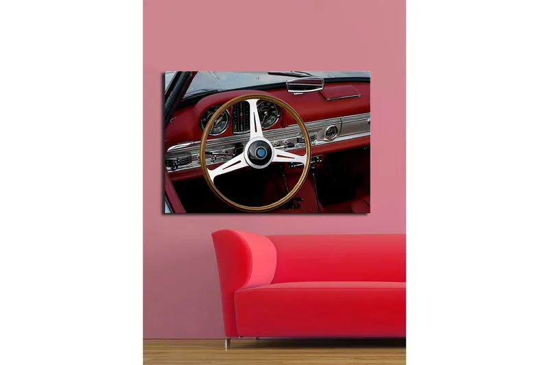 Lerretsbilde 70x100 cm - Klassisk bilinteriør med fokus på rattet og dashbordet - Rød / Sølv / Svart - Innredning - Bilder & kunst - Lerretsbilder