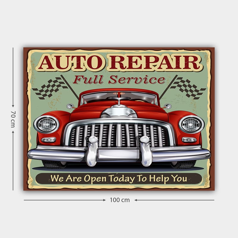 Lerretsbilde 70x100 cm - Klassisk rød bil med kromgrill og racingflagg i bakgrunnen - Rød / Krom (sølv) / Grønn - Innredning - Bilder & kunst - Lerretsbilder
