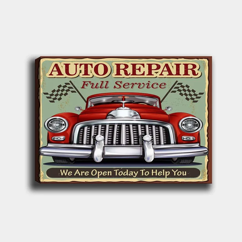 Lerretsbilde 70x100 cm - Klassisk rød bil med kromgrill og racingflagg i bakgrunnen, Rød / Krom (sølv) / Grønn