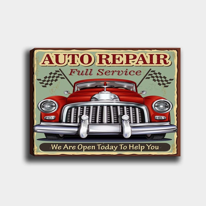 Lerretsbilde 70x100 cm - Klassisk rød bil med kromgrill og racingflagg i bakgrunnen - Rød / Krom (sølv) / Grønn - Innredning - Bilder & kunst - Lerretsbilder