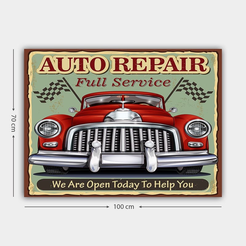 Lerretsbilde 70x100 cm - Klassisk rød bil med kromgrill og racingflagg i bakgrunnen - Rød / Krom (sølv) / Grønn - Innredning - Bilder & kunst - Lerretsbilder