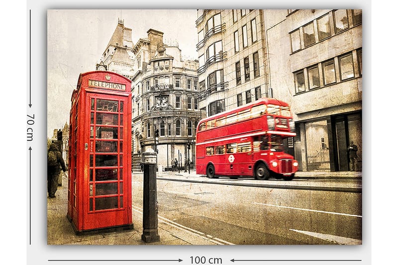 Lerretsbilde 70x100 cm - Klassisk rød telefonkiosk og en rød dobbeltdekkerbuss på en bygate - Rød / Grå - Innredning - Bilder & kunst - Lerretsbilder