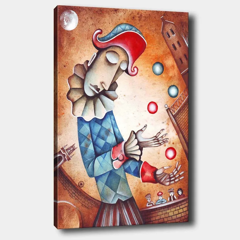 Lerretsbilde 70x100 cm - Klovn sjonglerer fargerike baller, Blå / Rød / Beige