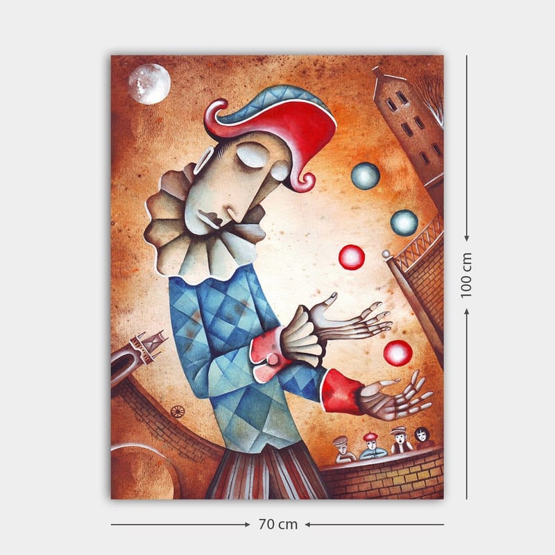 Lerretsbilde 70x100 cm - Klovn sjonglerer fargerike baller - Blå / Rød / Beige - Innredning - Bilder & kunst - Lerretsbilder