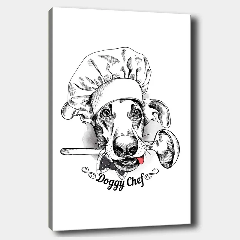 Lerretsbilde 70x100 cm - Kokk utkledd som en hund med en skje i munnen - Svart / Hvit / Grå - Innredning - Bilder & kunst - Lerretsbilder