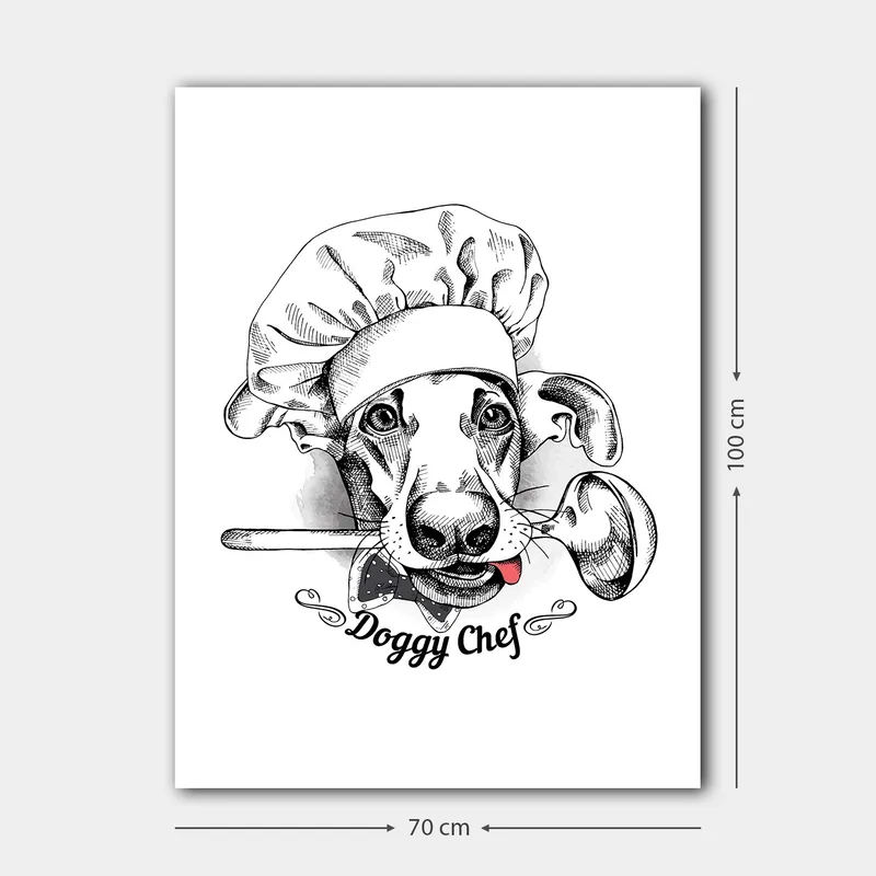 Lerretsbilde 70x100 cm - Kokk utkledd som en hund med en skje i munnen - Svart / Hvit / Grå - Innredning - Bilder & kunst - Lerretsbilder