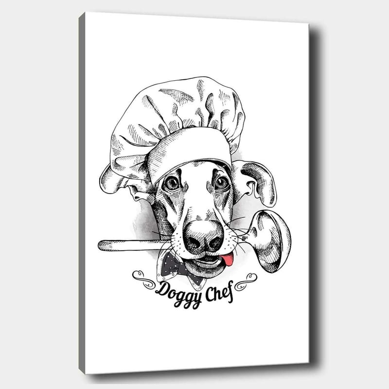 Lerretsbilde 70x100 cm - Kokk utkledd som en hund med en skje i munnen - Svart / Hvit / Grå - Innredning - Bilder & kunst - Lerretsbilder