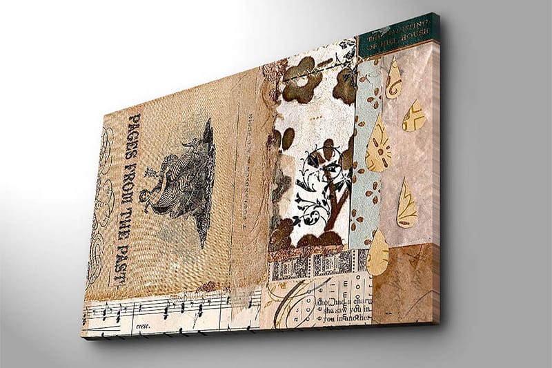 Lerretsbilde 70x100 cm - Kollasje av gamle bokblader og dekorative mønstre med en sentral figur som fremhever nostalgi og historie - Beige / Brun / Svart - Innredning - Bilder & kunst - Lerretsbilder