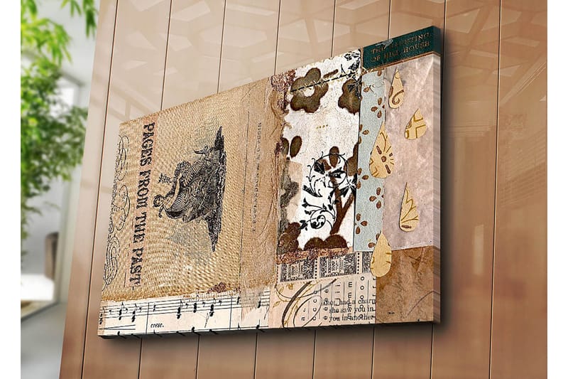 Lerretsbilde 70x100 cm - Kollasje av gamle bokblader og dekorative mønstre med en sentral figur som fremhever nostalgi og historie - Beige / Brun / Svart - Innredning - Bilder & kunst - Lerretsbilder