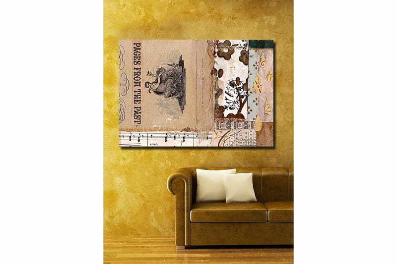 Lerretsbilde 70x100 cm - Kollasje av gamle bokblader og dekorative mønstre med en sentral figur som fremhever nostalgi og historie - Beige / Brun / Svart - Innredning - Bilder & kunst - Lerretsbilder