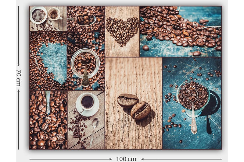 Lerretsbilde 70x100 cm - Kollasje av kaffebønner og kaffekopper som fremhever de ulike aspektene og presentasjonene av kaffe - Mørk brun / Beige / Turkis - Innredning - Bilder & kunst - Lerretsbilder