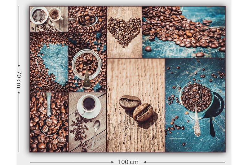 Lerretsbilde 70x100 cm - Kollasje av kaffebønner og kaffekopper som fremhever de ulike aspektene og presentasjonene av kaffe - Mørk brun / Beige / Turkis - Innredning - Bilder & kunst - Lerretsbilder