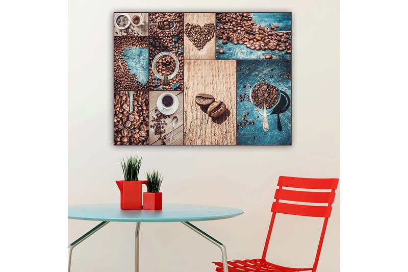 Lerretsbilde 70x100 cm - Kollasje av kaffebønner og kaffekopper som fremhever de ulike aspektene og presentasjonene av kaffe - Mørk brun / Beige / Turkis - Innredning - Bilder & kunst - Lerretsbilder