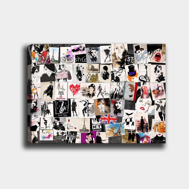 Lerretsbilde 70x100 cm - Kollasje av moteikoner og stiliserte portretter med elementer av romantiske og urbane temaer, Svart / Rød / Beige