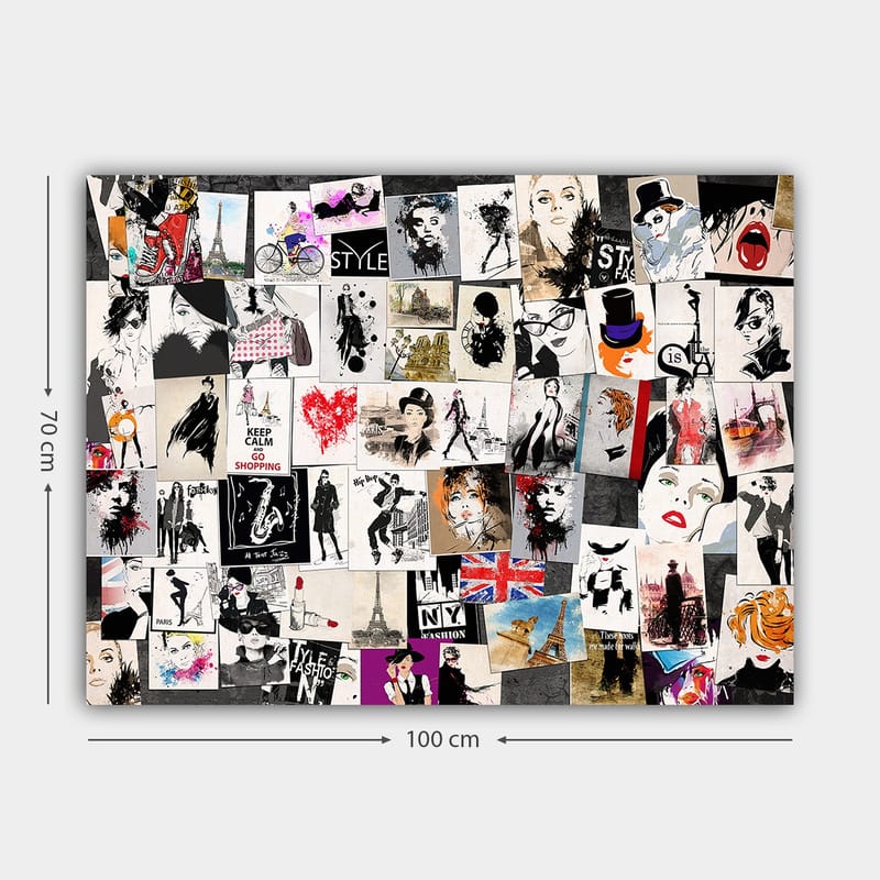 Lerretsbilde 70x100 cm - Kollasje av moteikoner og stiliserte portretter med elementer av romantiske og urbane temaer - Svart / Rød / Beige - Innredning - Bilder & kunst - Lerretsbilder