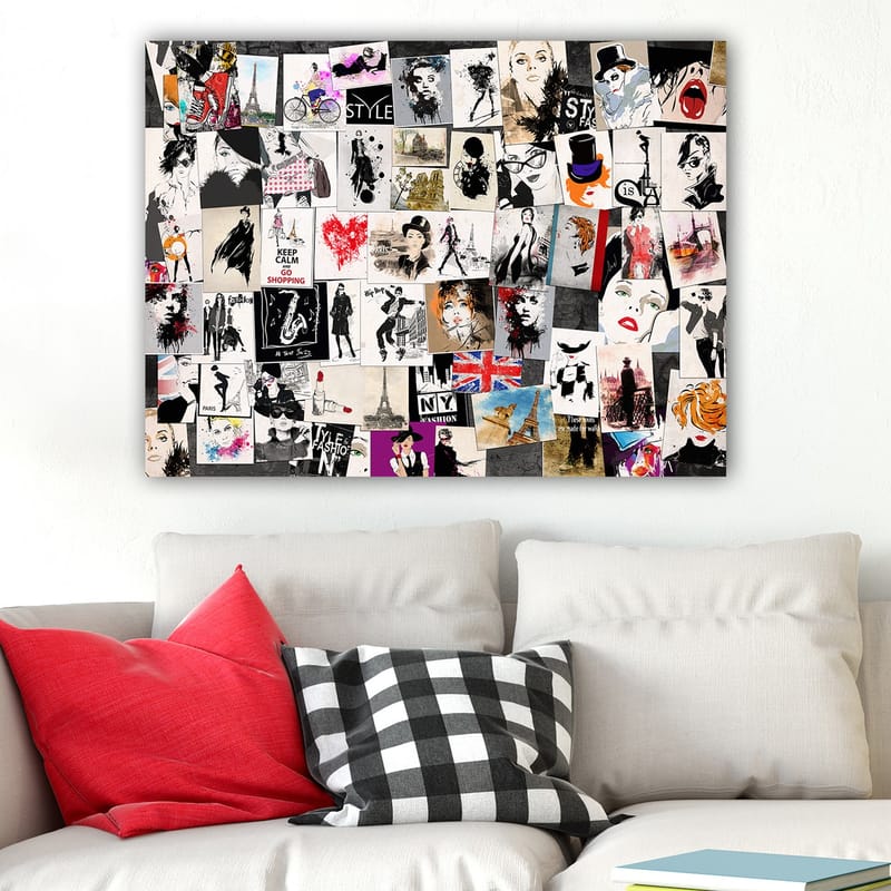 Lerretsbilde 70x100 cm - Kollasje av moteikoner og stiliserte portretter med elementer av romantiske og urbane temaer - Svart / Rød / Beige - Innredning - Bilder & kunst - Lerretsbilder