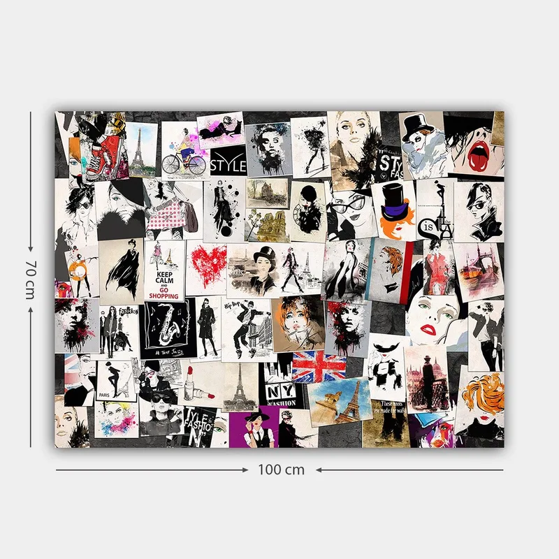 Lerretsbilde 70x100 cm - Kollasje av moteikoner og stiliserte portretter med elementer av romantiske og urbane temaer - Svart / Rød / Beige - Innredning - Bilder & kunst - Lerretsbilder