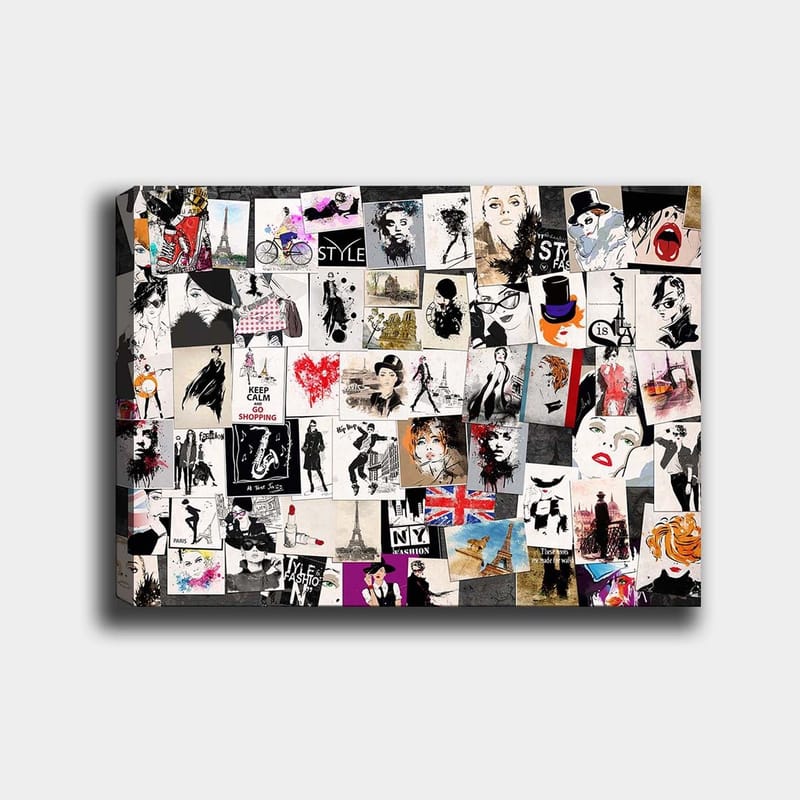 Lerretsbilde 70x100 cm - Kollasje av moteikoner og stiliserte portretter med elementer av romantiske og urbane temaer, Svart / Rød / Beige