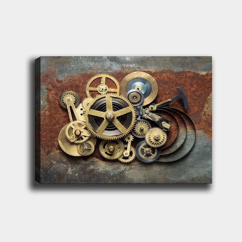 Lerretsbilde 70x100 cm - Kompleks sammensetning av gir og mekaniske deler i industriell stil - Gull / Brun / Svart - Innredning - Bilder & kunst - Lerretsbilder