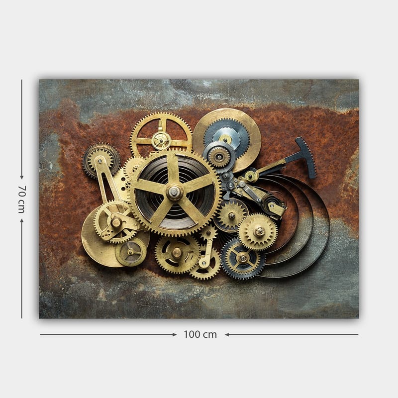 Lerretsbilde 70x100 cm - Kompleks sammensetning av gir og mekaniske deler i industriell stil - Gull / Brun / Svart - Innredning - Bilder & kunst - Lerretsbilder