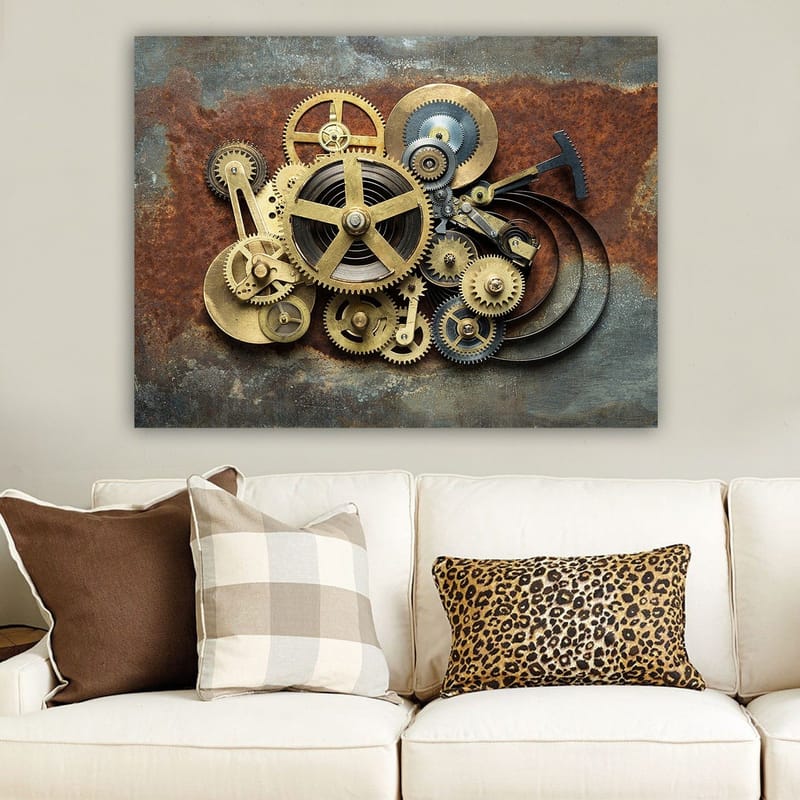 Lerretsbilde 70x100 cm - Kompleks sammensetning av gir og mekaniske deler i industriell stil - Gull / Brun / Svart - Innredning - Bilder & kunst - Lerretsbilder