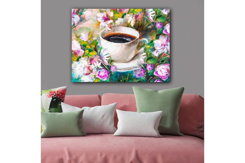 Lerretsbilde 70x100 cm - Kopp kaffe omgitt av fargerike blomster - Hvit / Grønn / Rosa - Innredning - Bilder & kunst - Lerretsbilder