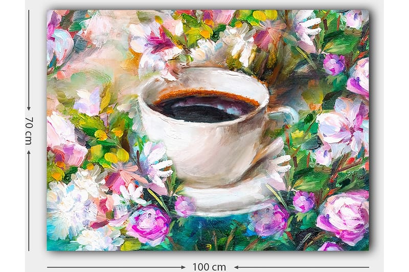 Lerretsbilde 70x100 cm - Kopp kaffe omgitt av fargerike blomster - Hvit / Grønn / Rosa - Innredning - Bilder & kunst - Lerretsbilder
